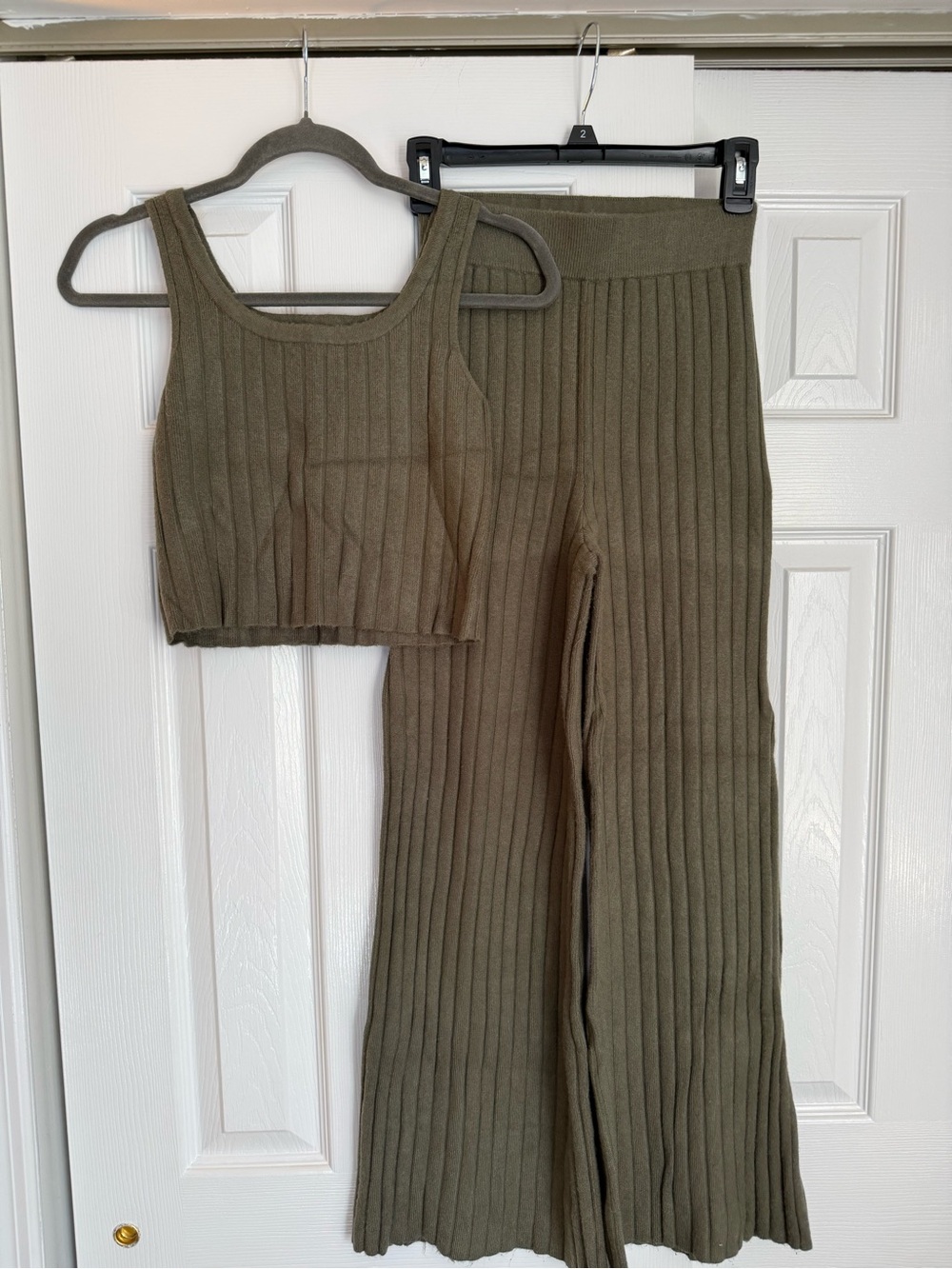 Sincerely Jules Olive Ribbed Knit Crop Tank & Wide Leg Pants Set